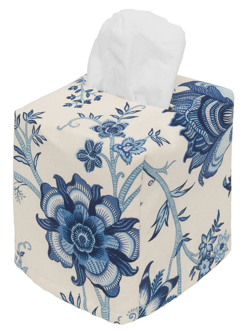 Fabric Tissue Box Cover, Tissue Holder Slipcover, Slips Over Square Cube Cardboard Facial Tissue Boxes -Decorative Cotton Blue Floral Fabric, Made in USA - Decorative Things