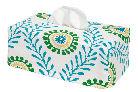 Fabric Tissue Box Cover, Facial Tissue Holder Slipcover, Slips Over Rectangular Cardboard Boxes -Decorative Turquoise Blue Block Print Cotton Waverly Fabric, Made in USA