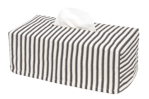 Fabric Tissue Box Cover, Tissue Holder Slipcover, Slips Over Rectangular Cardboard Box -Decorative Black and White Bathroom Decor Ticking Stripe, Cotton, Lined