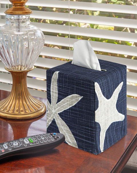 Fabric Tissue Box Cover, Tissue Holder Slipcover, Slips Over Square Cube Cardboard Facial Tissue Boxes -Decorative Blue Beach Themed Bathroom Decor, Bedroom, Desk, Made in USA