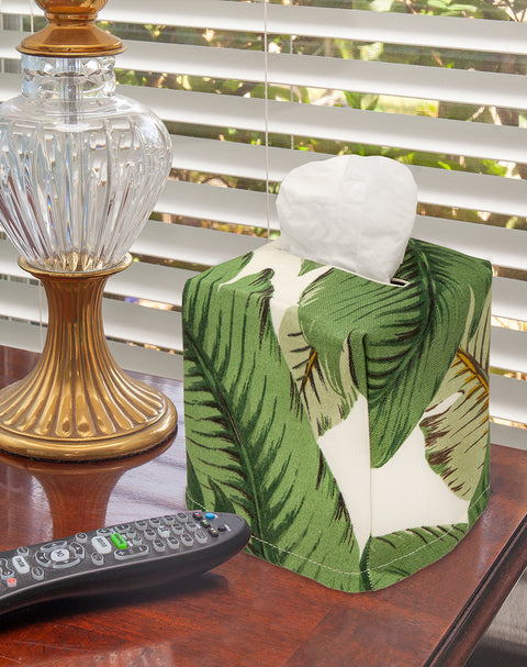 Fabric Tissue Box Cover, Tissue Holder Slipcover, Slips Over Square Cube Cardboard Facial Tissue Boxes -Made with Decorative Tommy Bahama Beach Palms Polyester Fabric, Lined