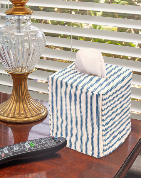 Fabric Tissue Box Cover, Tissue Holder Slipcover, Slips Over Square Cube Cardboard Facial Tissue Boxes -Decorative Blue Bathroom Decor Ticking Stripe, Cotton, Lined