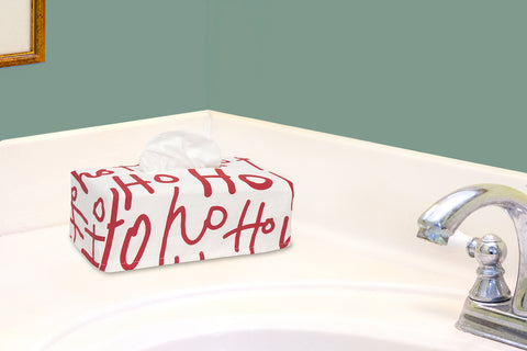 Tissue Box Cover, HoHoHo Fabric Slipcover, Fits Over Cardboard Tissue Holders, Folds Flat, Christmas Bathroom Decor, Bedroom, Desk Accessories, Rectangular Tissue Dispenser, Lined Made in USA