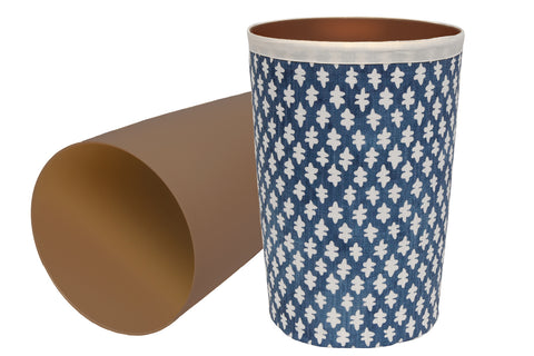 Bathroom Trashcan Garbage Can, Trashbin for Powder Room Decor Ideas, Bedroom Waste Basket, Home Office Wastebin, Round Plastic Trash Can with Removable Washable Fabric Cover, Blue Blockprint 11.75" - Decorative Things