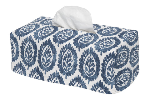 Fabric Tissue Box Cover, Tissue Holder Slipcover, Slips Over Rectangular Cardboard Boxes -Decorative Blue Block Print Cotton Fabric, Made in USA