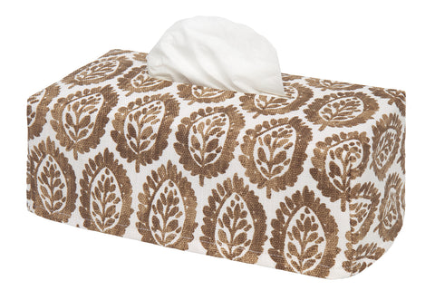 Fabric Tissue Box Cover, Tissue Holder Slipcover, Slips Over Rectangular Cardboard Boxes -Decorative Brown Block Print Cotton Fabric, Made in USA
