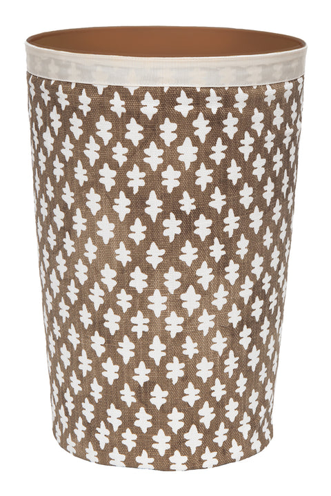 Bathroom Trashcan Garbage Can, Trashbin for Powder Room Decor Ideas, Bedroom Waste Basket, Home Office Wastebin, Round Plastic Trash Can with Removable Washable Fabric Cover, Brown Blockprint 11.75" - Decorative Things