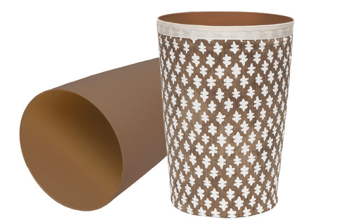 Bathroom Trashcan Garbage Can, Trashbin for Powder Room Decor Ideas, Bedroom Waste Basket, Home Office Wastebin, Round Plastic Trash Can with Removable Washable Fabric Cover, Brown Blockprint 11.75" - Decorative Things