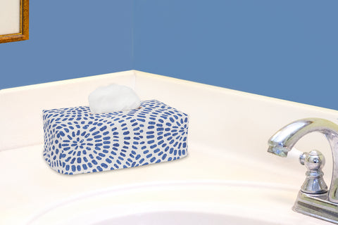 Fabric Tissue Box Cover, Tissue Holder Slipcover, Slips Over Rectangular Cardboard Facial Tissue Boxes -Decorative Blue and White Block Print Cotton Fabric, Made in USA