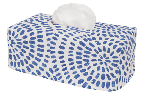 Fabric Tissue Box Cover, Tissue Holder Slipcover, Slips Over Rectangular Cardboard Facial Tissue Boxes -Decorative Blue and White Block Print Cotton Fabric, Made in USA