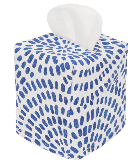 Fabric Tissue Box Cover, Tissue Holder Slipcover, Slips Over Square Cube Cardboard Boxes -Decorative Blue and White Block Print Cotton Fabric, Made in USA