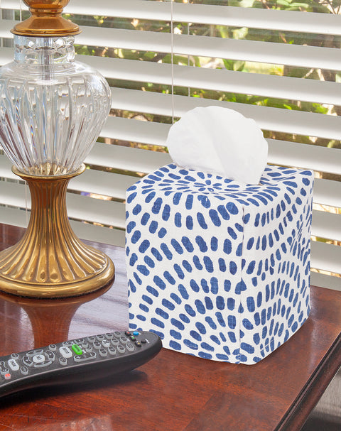 Fabric Tissue Box Cover, Tissue Holder Slipcover, Slips Over Square Cube Cardboard Boxes -Decorative Blue and White Block Print Cotton Fabric, Made in USA