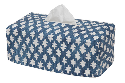 Fabric Tissue Box Cover, Tissue Holder Slipcover, Slips Over Rectangular Cardboard Facial Tissue Boxes -Decorative Blue Block Print Cotton Fabric, Made in USA - Decorative Things