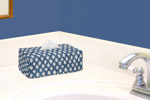 Fabric Tissue Box Cover, Tissue Holder Slipcover, Slips Over Rectangular Cardboard Facial Tissue Boxes -Decorative Blue Block Print Cotton Fabric, Made in USA - Decorative Things