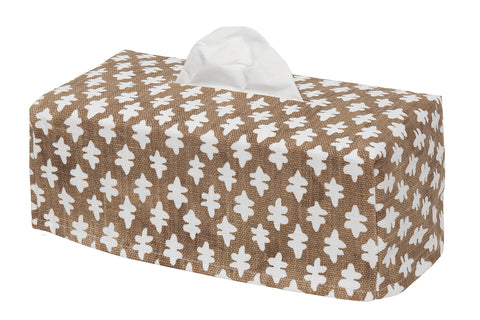 Fabric Tissue Box Cover, Tissue Holder Slipcover, Slips Over Rectangular Cardboard Facial Tissue Boxes -Decorative Brown Block Print Cotton Fabric, Made in USA - Decorative Things
