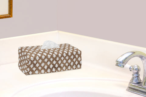 Fabric Tissue Box Cover, Tissue Holder Slipcover, Slips Over Rectangular Cardboard Facial Tissue Boxes -Decorative Brown Block Print Cotton Fabric, Made in USA - Decorative Things