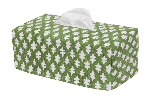 Fabric Tissue Box Cover, Tissue Holder Slipcover, Slips Over Rectangular Cardboard Facial Tissue Boxes -Decorative Green Block Print Cotton Fabric, Made in USA - Decorative Things