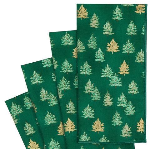Christmas Napkins 18" x 18" Cloth Napkins, Elegant 100% Cotton Linen Napkins, Dinner Napkins for Christmas Table Décor, Christmas Table Setting, Holiday Party, Small Trees Fabric Gold on Green - Decorative Things