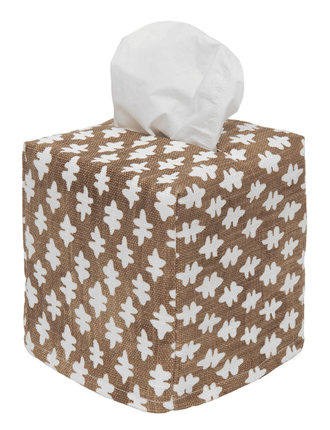 Fabric Tissue Box Cover, Tissue Holder Slipcover, Slips Over Square Cube Cardboard Facial Tissue Boxes Brown Blockprint Decorative Cotton Fabric, Made in USA - Decorative Things