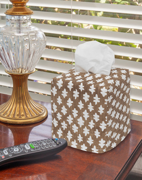 Fabric Tissue Box Cover, Tissue Holder Slipcover, Slips Over Square Cube Cardboard Facial Tissue Boxes Brown Blockprint Decorative Cotton Fabric, Made in USA - Decorative Things