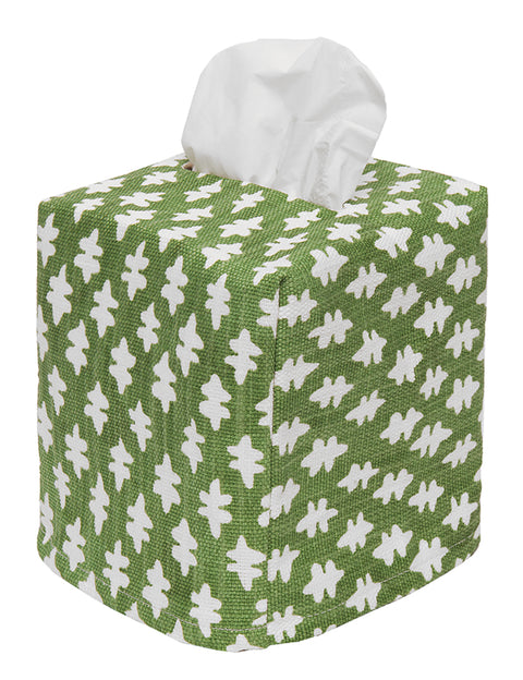 Fabric Tissue Box Cover, Tissue Holder Slipcover, Slips Over Square Cube Cardboard Facial Tissue Boxes Green Blockprint Decorative Cotton Fabric, Made in USA - Decorative Things