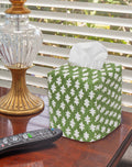 Fabric Tissue Box Cover, Tissue Holder Slipcover, Slips Over Square Cube Cardboard Facial Tissue Boxes Green Blockprint Decorative Cotton Fabric, Made in USA - Decorative Things
