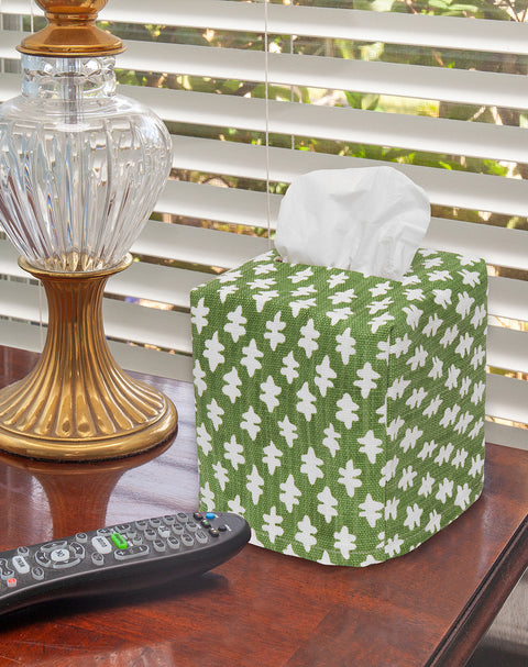 Fabric Tissue Box Cover, Tissue Holder Slipcover, Slips Over Square Cube Cardboard Facial Tissue Boxes Green Blockprint Decorative Cotton Fabric, Made in USA - Decorative Things