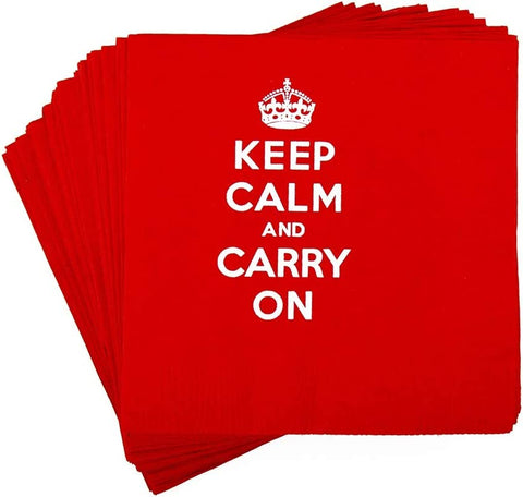 Decorative Paper Napkins Disposable Cocktail Napkins, Red Party Napkins, Beverage Napkins, Keep Calm and Carry On, Inspired by Queen Elizabeth II 5" x 5" Pk 30 - Decorative Things
