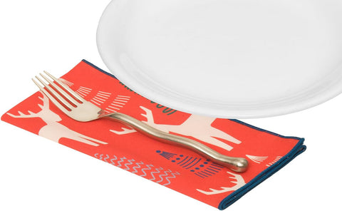 Christmas Napkins 18" x 18" Cloth Dinner, Elegant 100% Cotton Table Decor Linens Red and White Reindeer Print - Decorative Things