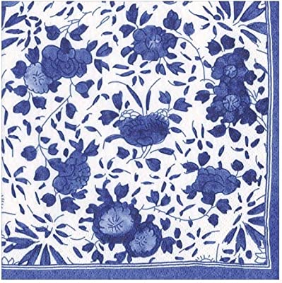 Caspari Delft Paper Cocktail Napkins in Blue, Two Packs of 20 - Decorative Things