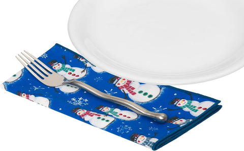 Christmas Napkins 18" x 18" Cloth Dinner, Elegant 100% Cotton Table Decor Linens Blue and White Snowman Print - Decorative Things