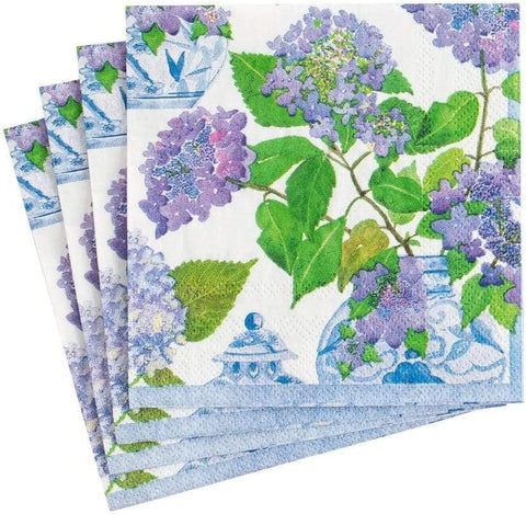 Caspari Hydrangeas and Porcelain Paper Cocktail Napkins - Two Packs of 20 - Decorative Things