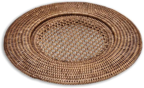 Caspari Rattan Round Plate Charger in Dark Natural Brown Set of 4 - Decorative Things