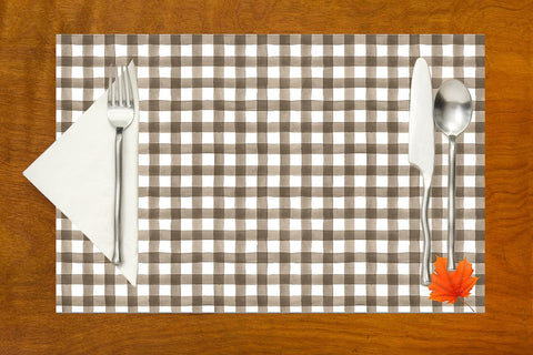 Fall Placemats Pk 25 & Pk 50 Thanksgiving Table Decor Paper Table Mats Brown and White Plaid with Orange Leaf Farmhouse Kitchen, Kids Adults Party Ideas - Decorative Things