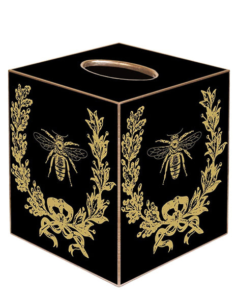 Tissue Box Cover French Country Decor French Bee Decorations Tissue Holder Bedroom Decor Bathroom Decor Desk Decor Gold Black 5" x 5" - Made in USA of Papier Mache - Decorative Things