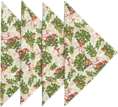 Christmas Napkins 18" x 18" Cloth Dinner, Elegant 100% Cotton Table Decor Linens Red and Green Holly Print Set - Decorative Things