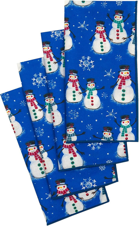 Christmas Napkins 18" x 18" Cloth Dinner, Elegant 100% Cotton Table Decor Linens Blue and White Snowman Print - Decorative Things