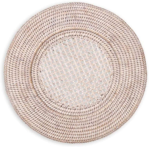 Caspari Rattan Round Plate Charger in White Natural Set of 4 - Decorative Things