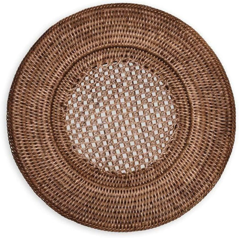 Caspari Rattan Round Plate Charger in Dark Natural Brown Set of 4 - Decorative Things