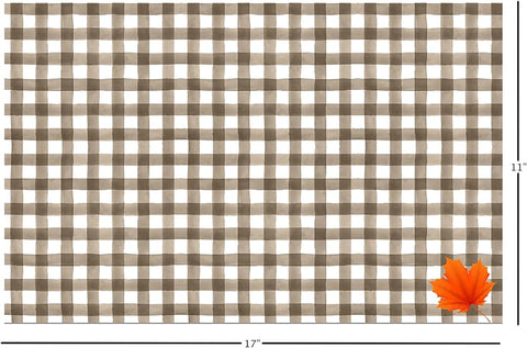 Fall Placemats Pk 25 & Pk 50 Thanksgiving Table Decor Paper Table Mats Brown and White Plaid with Orange Leaf Farmhouse Kitchen, Kids Adults Party Ideas - Decorative Things