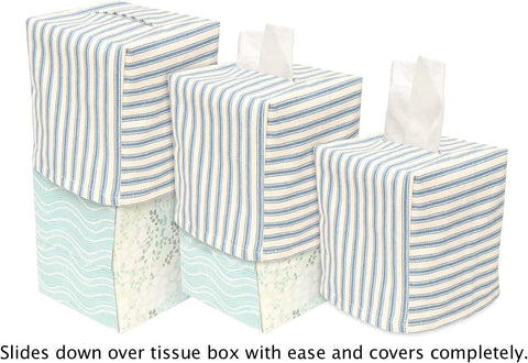 Fabric Tissue Box Cover, Tissue Holder Slipcover, Slips Over Square Cube Cardboard Facial Tissue Boxes -Decorative Blue Bathroom Decor Ticking Stripe, Cotton, Lined - Decorative Things