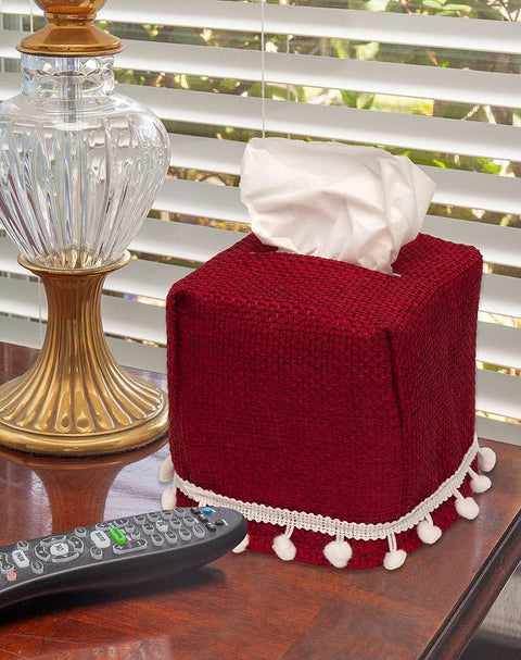 Tissue Box Cover - Farmhouse Bathroom Ideas - Red Burlap Rustic Bathroom Decor Tissue Holder Cover with White Pom Poms – Square Cube Tissue Dispenser Made in USA - Decorative Things