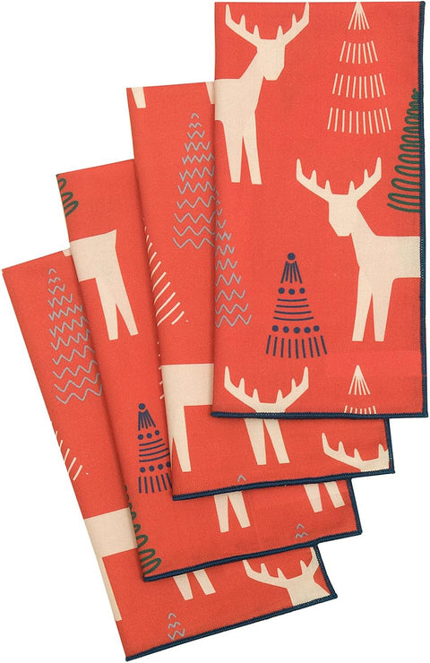Christmas Napkins 18" x 18" Cloth Dinner, Elegant 100% Cotton Table Decor Linens Red and White Reindeer Print - Decorative Things