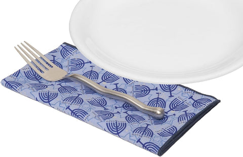 Cloth Napkins, Happy Hanukkah Decor with Menorah, Jewish Stars, Judaica Party Table Decor Ideas 100% Cotton Linen Napkins, Blue Table Linens 18" - Decorative Things