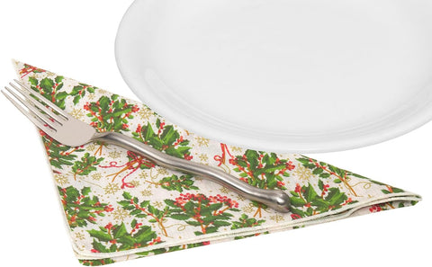 Christmas Napkins 18" x 18" Cloth Dinner, Elegant 100% Cotton Table Decor Linens Red and Green Holly Print Set - Decorative Things