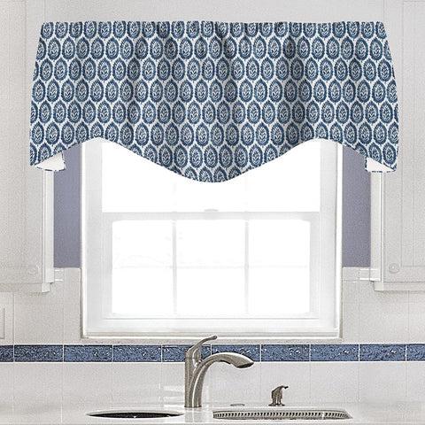 Blue Curtain Valance for Windows, Kitchen Curtain, Living Room, Bathroom, Swag Rod Pocket, Wood Block Print Motif Lined Made in USA, 53x18 Inches - Decorative Things