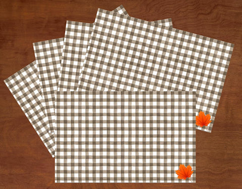 Fall Placemats Pk 25 & Pk 50 Thanksgiving Table Decor Paper Table Mats Brown and White Plaid with Orange Leaf Farmhouse Kitchen, Kids Adults Party Ideas - Decorative Things