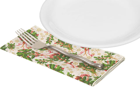 Christmas Napkins 18" x 18" Cloth Dinner, Elegant 100% Cotton Table Decor Linens Red and Green Holly Print Set - Decorative Things