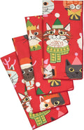 Christmas Napkins 18" x 18" Cloth Dinner Napkins, 100% Cotton Linen Napkins, Red Cloth Napkins Set of 4, Christmas Table Decor, Crazy Cat Lady Gifts for Cat Lovers, Cat Christmas Decorations - Decorative Things