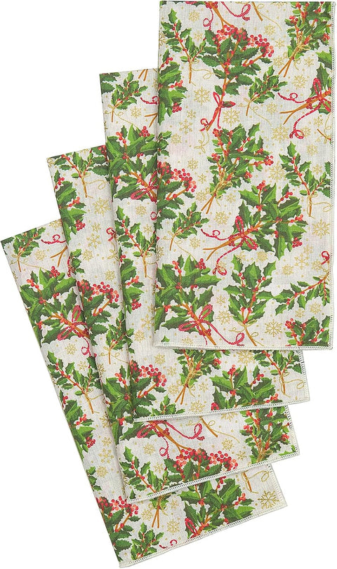 Christmas Napkins 18" x 18" Cloth Dinner, Elegant 100% Cotton Table Decor Linens Red and Green Holly Print Set - Decorative Things